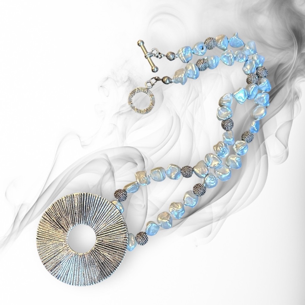 Hand Crafted Necklace Pearls Blue Freshwater Authentic Hand-Knotted Silk